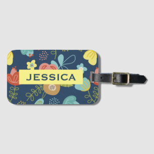 Colorful Floral Pattern Dark Blue Personalised Luggage Tag