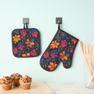 Colorful Floral Pattern Decorative Vibrant Home Oven Mitt & Pot Holder Set