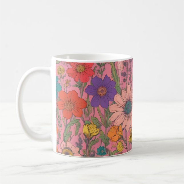 Colorful floral pattern on pink coffee mug (Left)