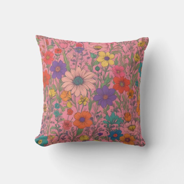 Colorful floral pattern on pink cushion (Front)