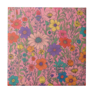Colorful floral pattern on pink tile