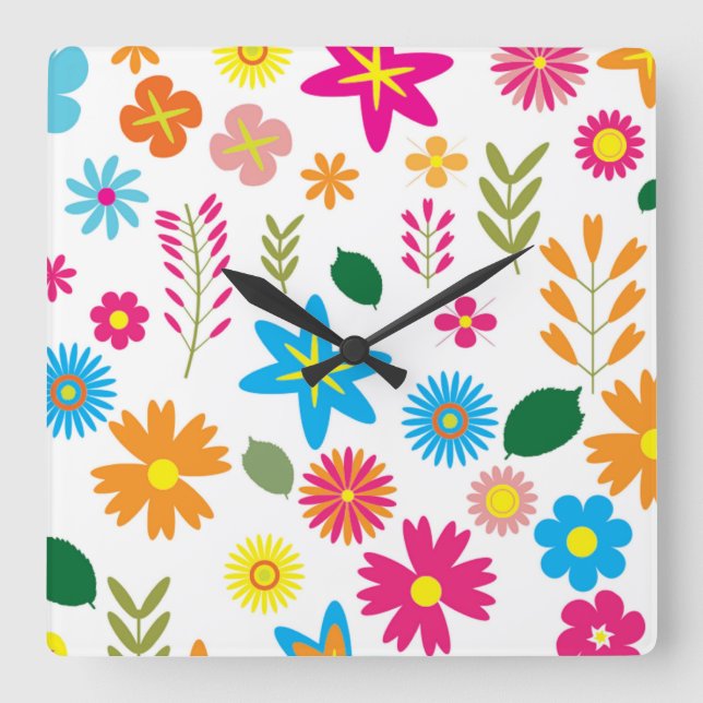COLORFUL FLORAL PATTERN SQUARE WALL CLOCK (Front)
