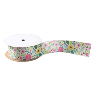Colorful floral pattern with pink, yellow satin ribbon