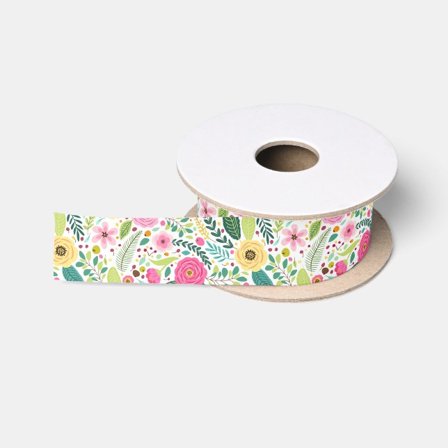 Colorful floral pattern with pink, yellow satin ribbon (Spool)
