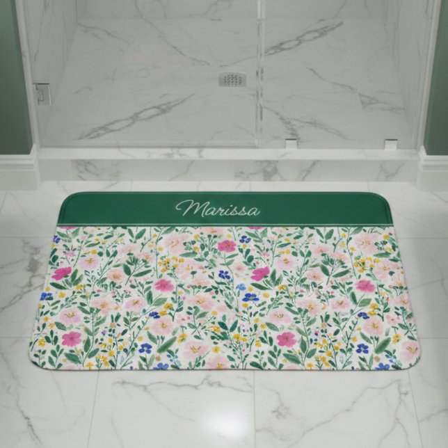 Colorful Floral Personalized  Bath Mat (elegant colorful floral wildflower personalized bath mat with monogram name in script)