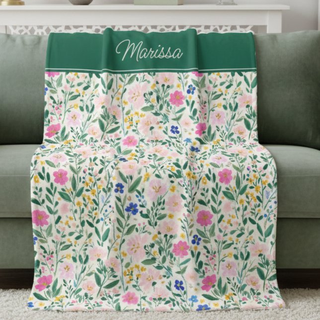 Colorful Floral Personalized Fleece Blanket (cute colorful forest green floral pattern blanket with pink blue flowers and custom monogram name)
