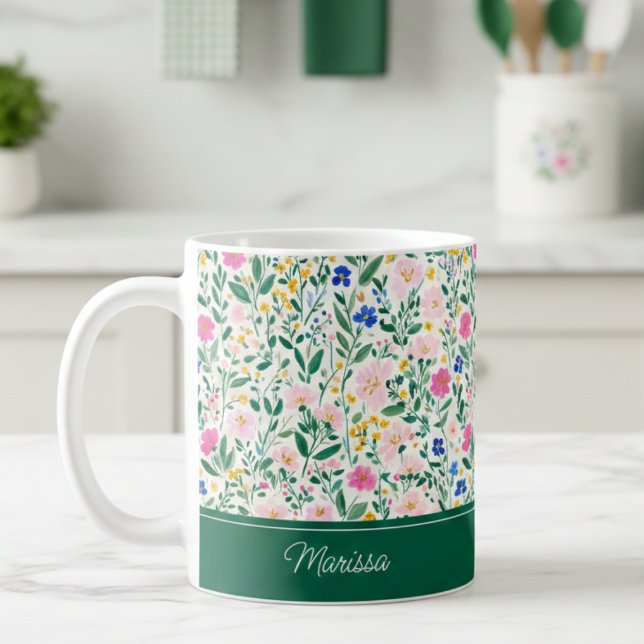 Colorful Floral Personalized Mug (cute colorful floral green pink personalized mug with custom monogram name)