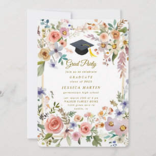 Colorful Floral Photo Graduation Hat Party Invite