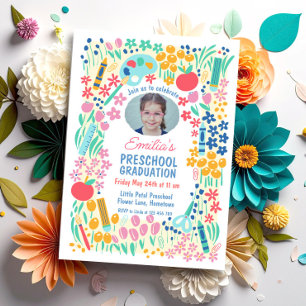 Colorful Floral Photo Preschool Graduation Invitation