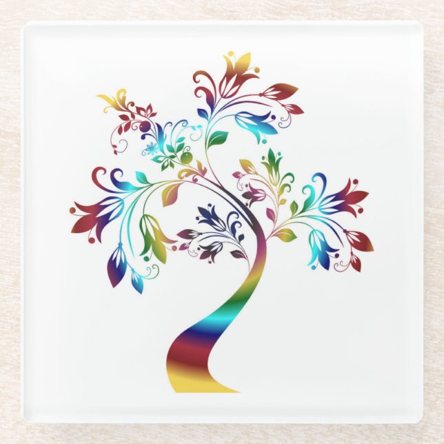 COLORFUL FLORAL TREE GLASS COASTER (Front)