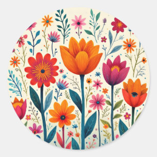 Colorful Flower Art Illustration, Classic Round Sticker