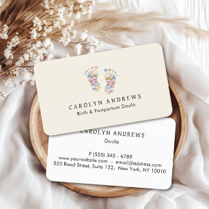 Colorful Flower Baby Footprint Logo Beige Business Card