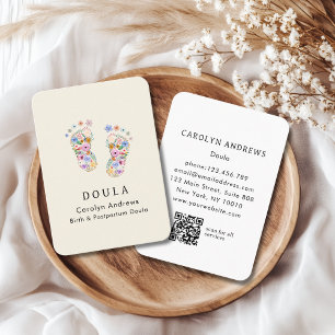 Colorful Flower Baby Footprint Logo QR Code Beige Business Card