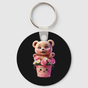 Colorful flower bucket with teddy funny unisex key ring
