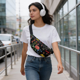 Colorful FLower Garden Hand Drawing Black Custom F Bum Bags