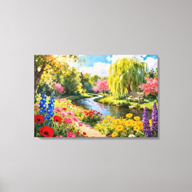 Colorful Flower Garden River Spring Landscape Art Canvas Print (Front)