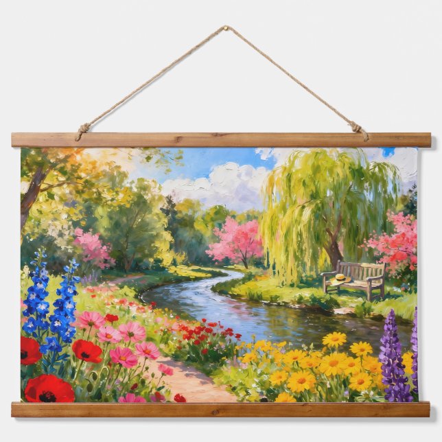 Colorful Flower Garden River Spring Landscape Art Hanging Tapestry (Front)