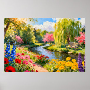 Colorful Flower Garden River Spring Landscape Art Poster