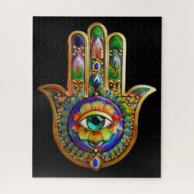Colorful Flower Petals Turquoise Third Eye Hamsa Jigsaw Puzzle (Vertical)