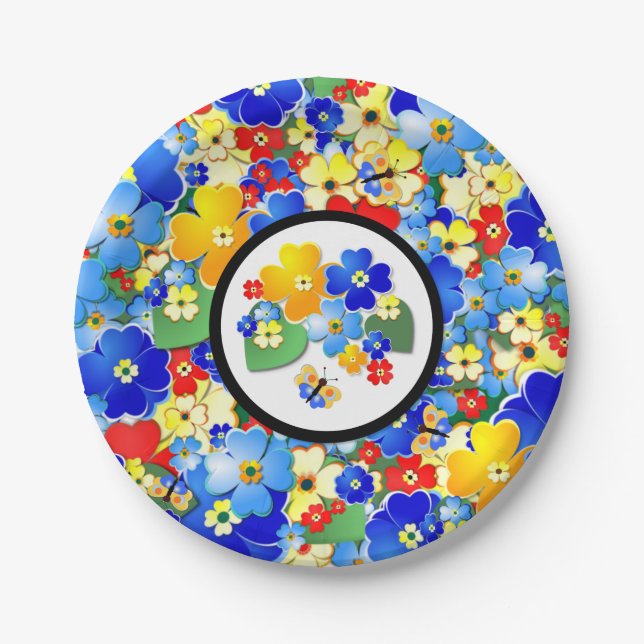 Colorful Flowers and butterflies Kids' Party Paper Plate (Front)