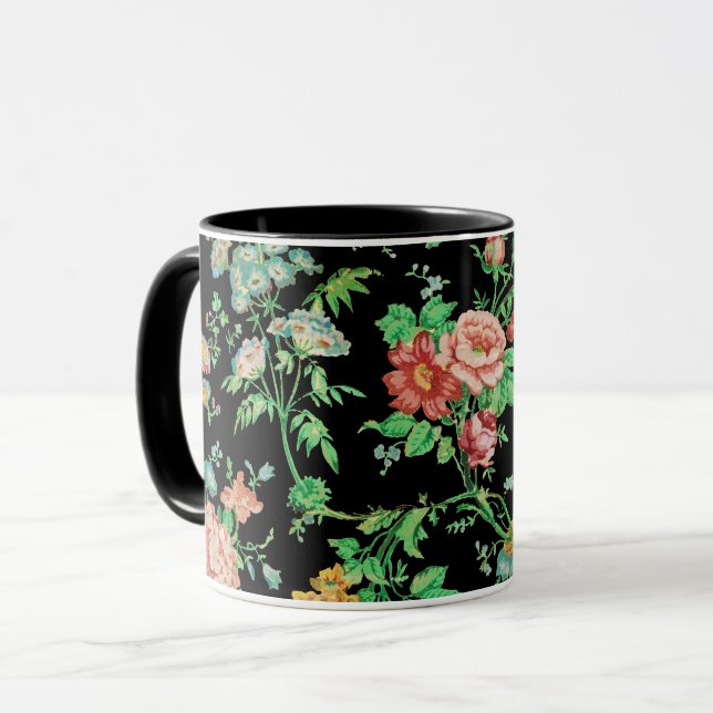 COLORFUL FLOWERS AND LEAVES DARK FLORAL Black  Mug (Front Left)