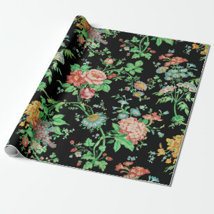 COLORFUL FLOWERS AND LEAVES DARK FLORAL Black Wrapping Paper