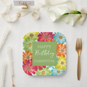 Colorful Flowers Happy Birthday Party Paper Plate