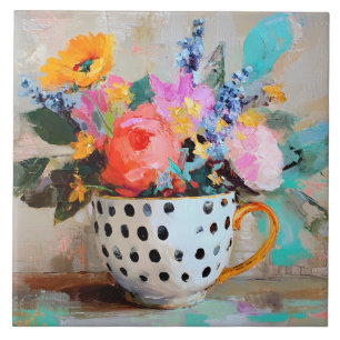 Colorful Flowers in Polka Dot Teacup Tile
