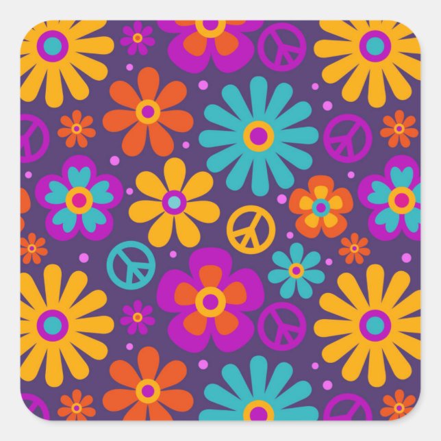 Colorful Flowers Peace Love Groovy Retro Hippie Square Sticker (Front)