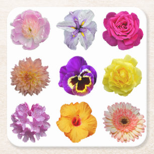 Colorful flowers square paper coaster