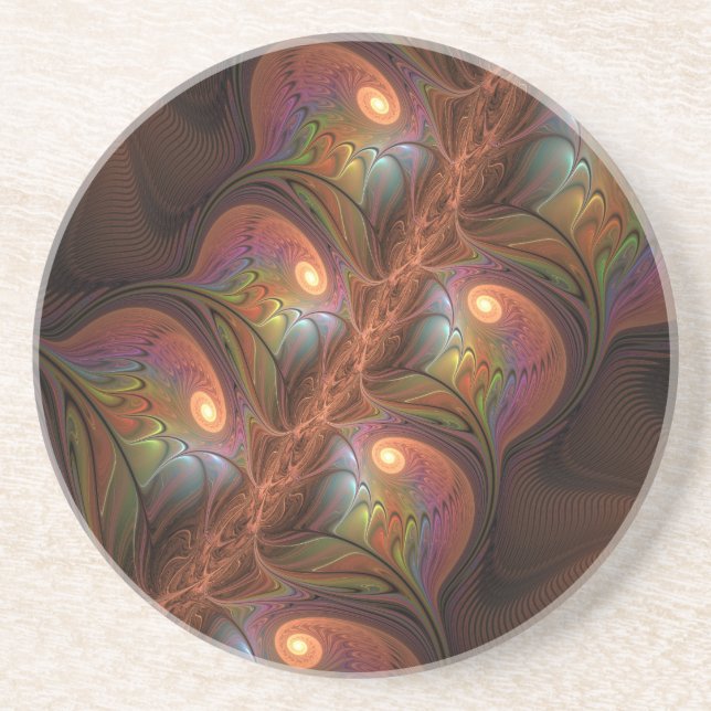 Colorful Fluorescent Abstract Trippy Brown Fractal Coaster (Front)