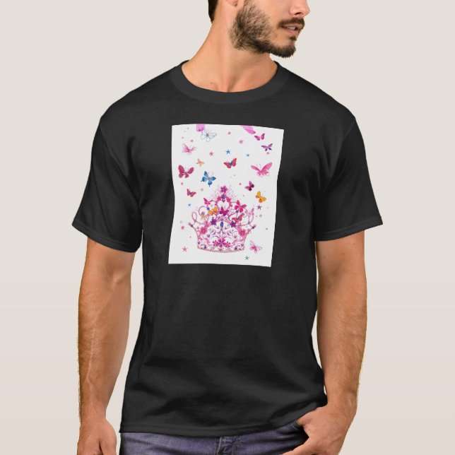 Colorful Flying Butterflies with Crown Art Print T-Shirt (Front)
