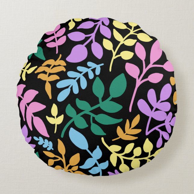 Colorful foliage in black background round cushion (Front)