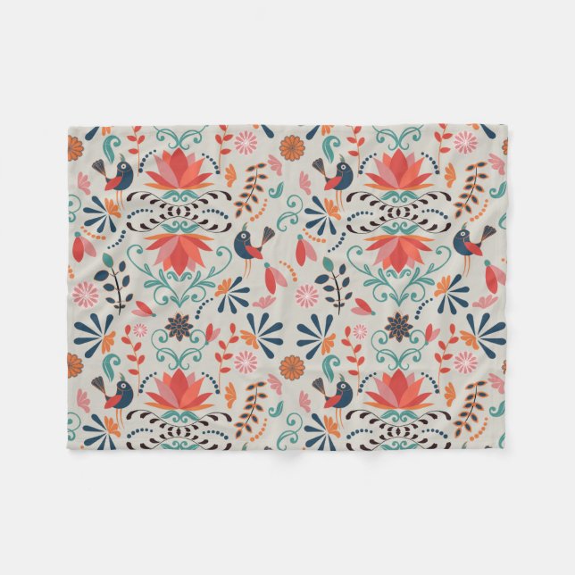 Colorful folk art blue bird red flower fleece blanket (Front (Horizontal))