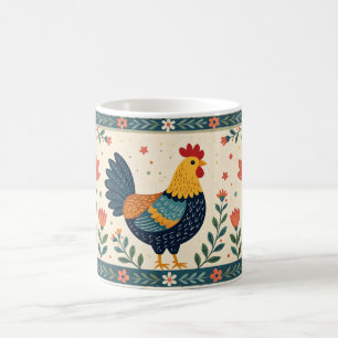 Colorful Folk Art Chicken and Flower Border Coffee Mug