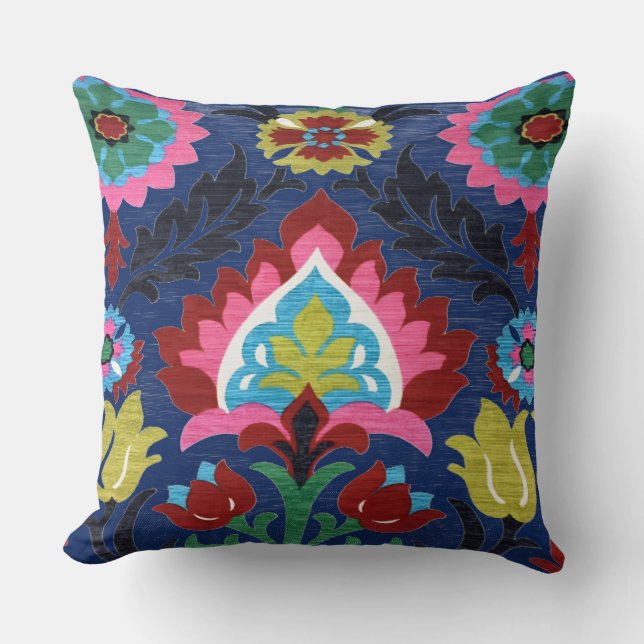 Colorful Folk Floral Dark Blue Cushion (Front)