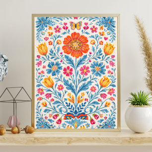 Colorful Folk Floral Pattern with Butterfly Poster