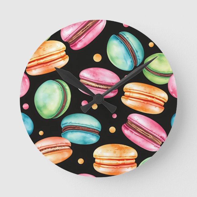 Colorful French Macaron Watercolor Pattern Round Clock (Front)