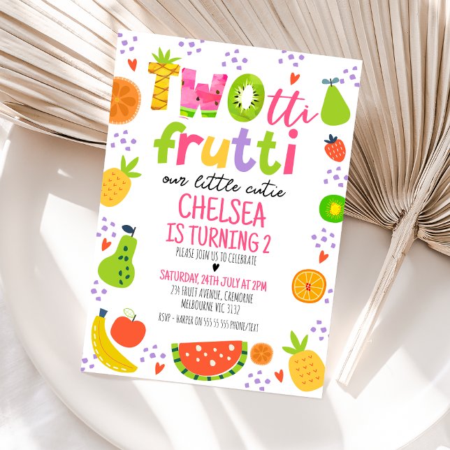 Colorful Fruit Two-tii Frutti 2nd Birthday Invitation (Colorful Twotti Frutti 2nd Birthday Invitation Twotti Fruity Summer Second Birthday Invitation )