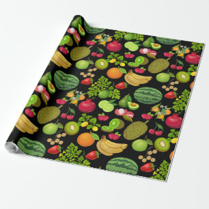 Colorful Fruits Pattern 01.b Black BG Wrapping Paper
