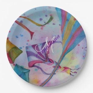 COLORFUL FUN FLYING KITES MONOGRAM PARTY PAPER PLATE