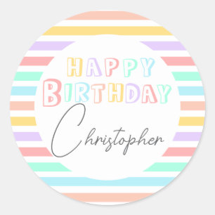 Colorful fun stripe happy birthday  classic round sticker