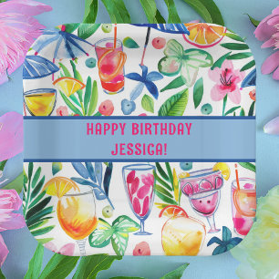 Colorful Fun Summer Watercolor Tropical Birthday Paper Plate