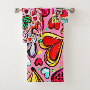 COLORFUL FUNKY-HEART PATTERN DESIGN VALENTINE'S BATH TOWEL SET