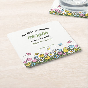Colorful Funny Little Wildflower 1st Birthday Square Paper Coaster