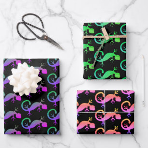 Colorful Gecko Lizard on Black Wrapping Paper Sheet