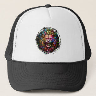 COLORFUL GEOMETRIC ABSTRACT MAJESTIC LION ROAR TRUCKER HAT