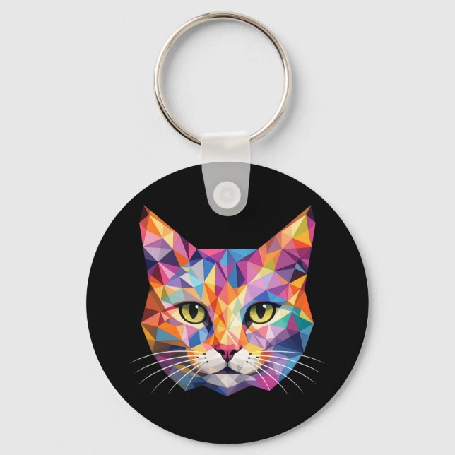 Colorful Geometric Cat Face Low Poly Triangle Art Key Ring (Front)
