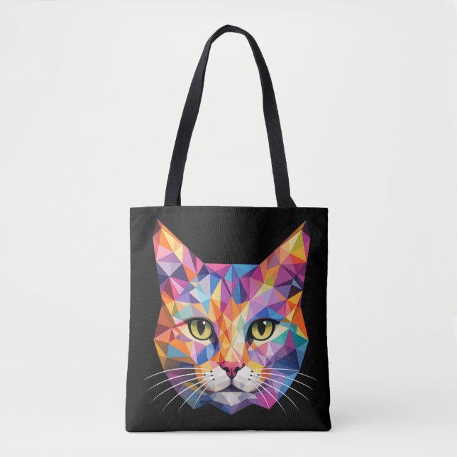Colorful Geometric Cat Face Low Poly Triangle Art Tote Bag (Front)