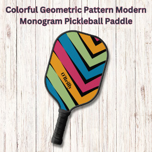 Colorful Geometric Pattern Modern Monogram  Pickleball Paddle